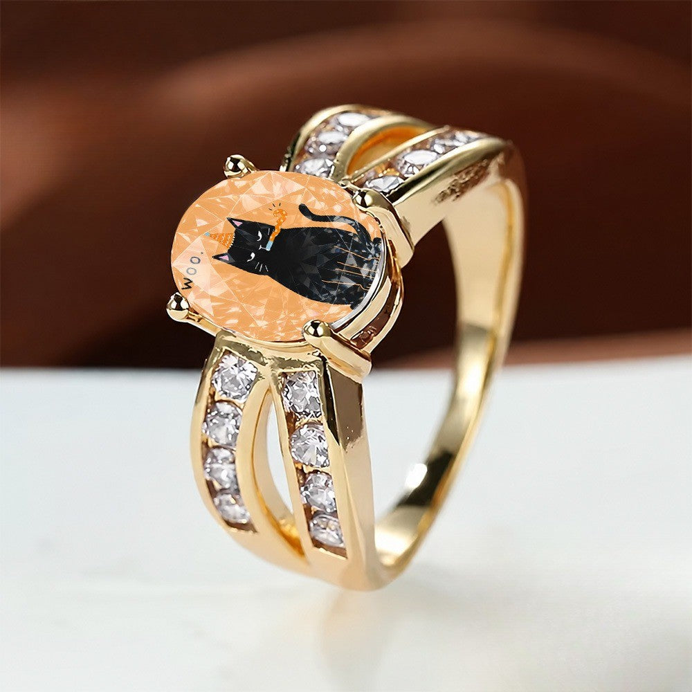 Black Cat Peach Crystal Split Ring