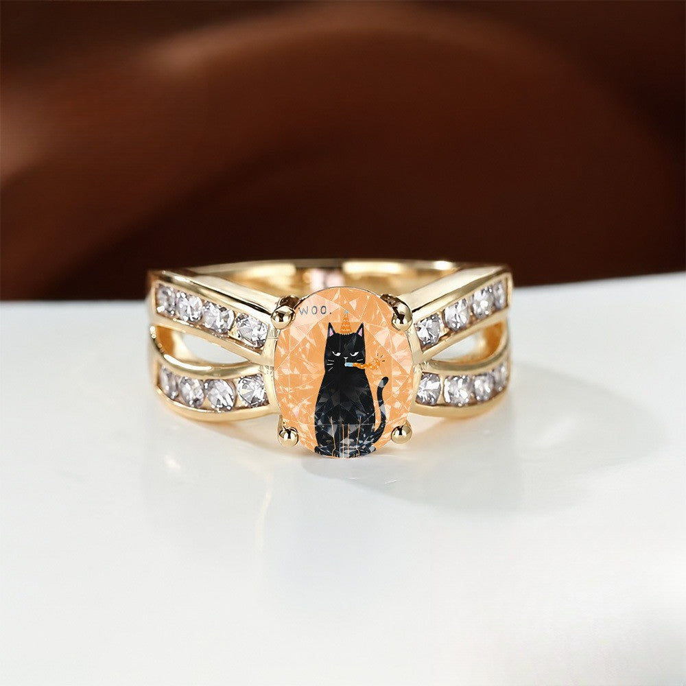 Black Cat Peach Crystal Split Ring