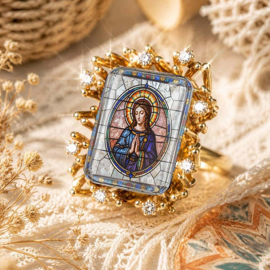Stained Glass Virgin Mary Sunburst Ring