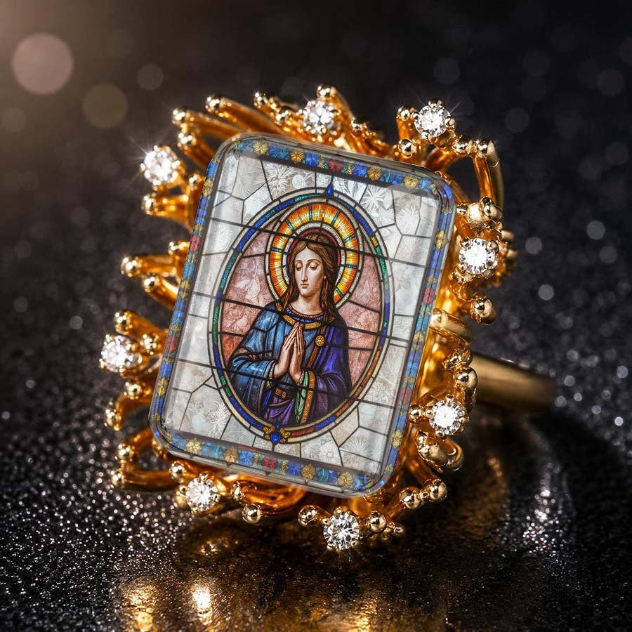 Stained Glass Virgin Mary Sunburst Ring