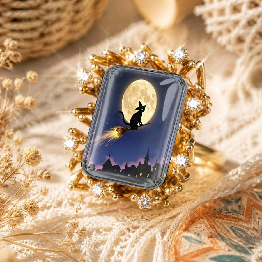 Midnight Cat Broomstick Square Ring