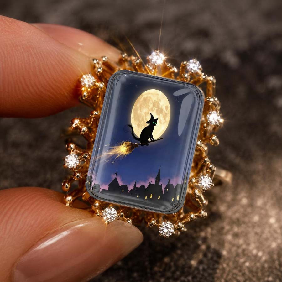 Midnight Cat Broomstick Square Ring