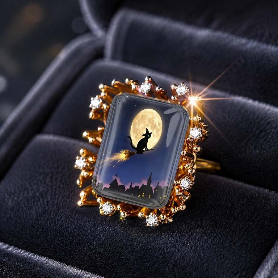 Midnight Cat Broomstick Square Ring