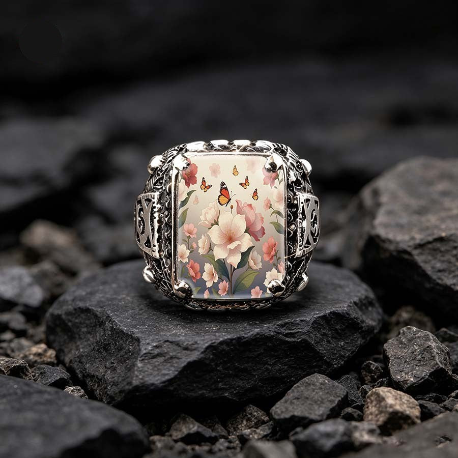Floral Butterfly Filigree Square Ring