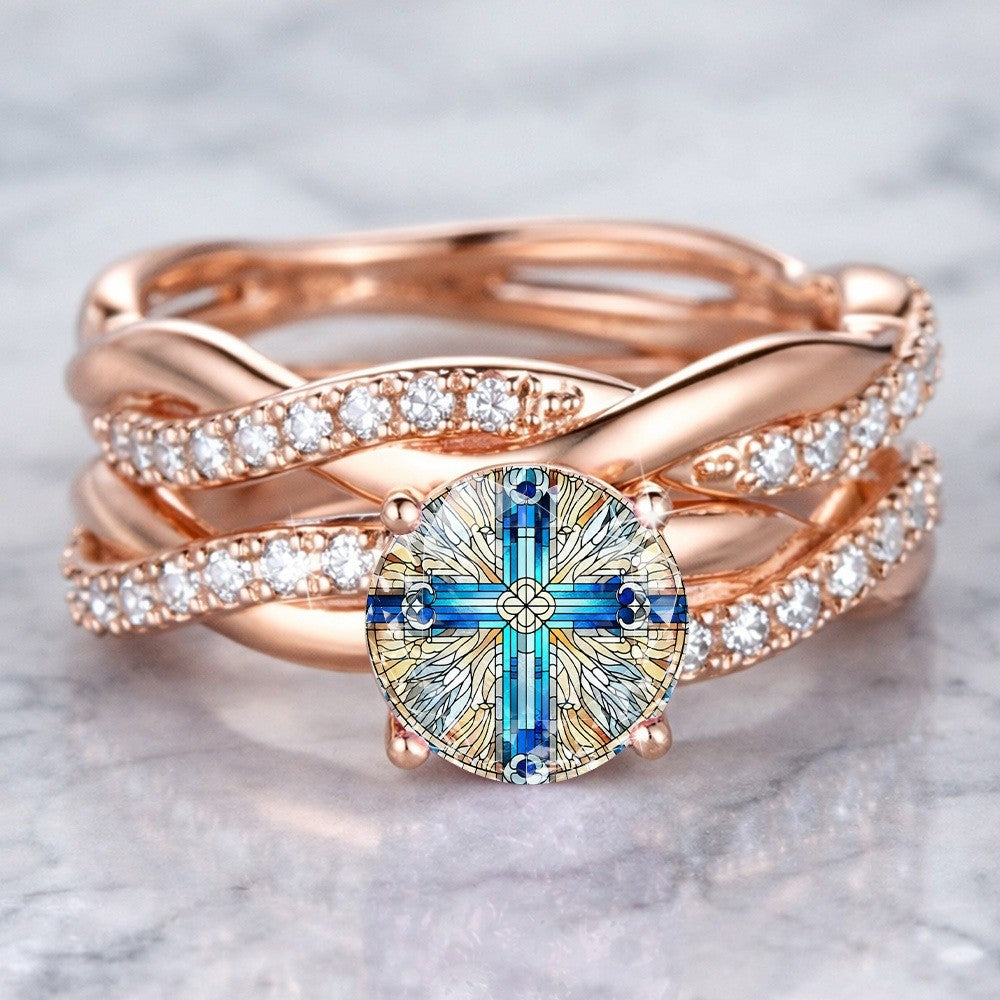 Blue Cross Stained Glass Ring