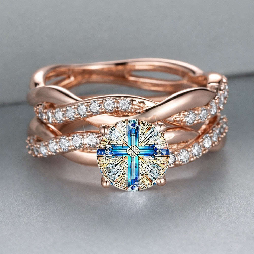 Blue Cross Stained Glass Ring