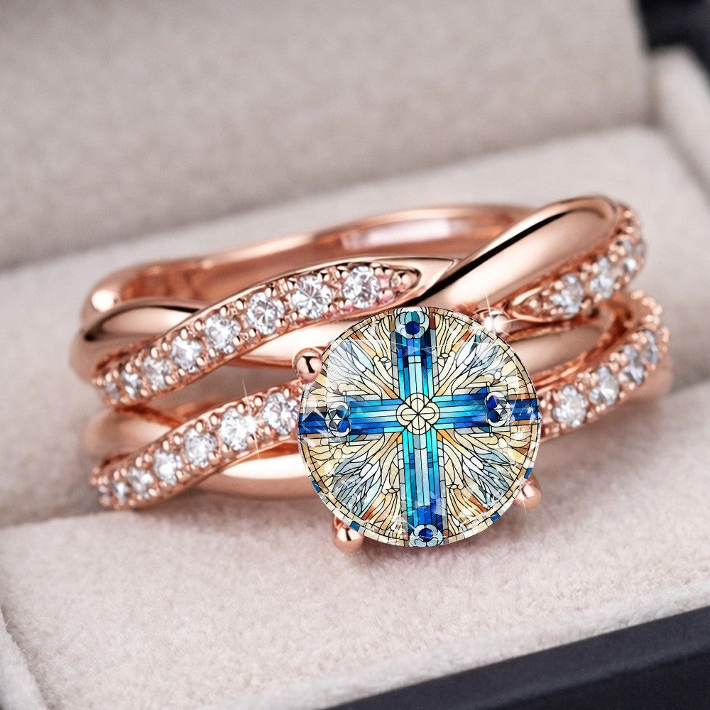 Blue Cross Stained Glass Ring