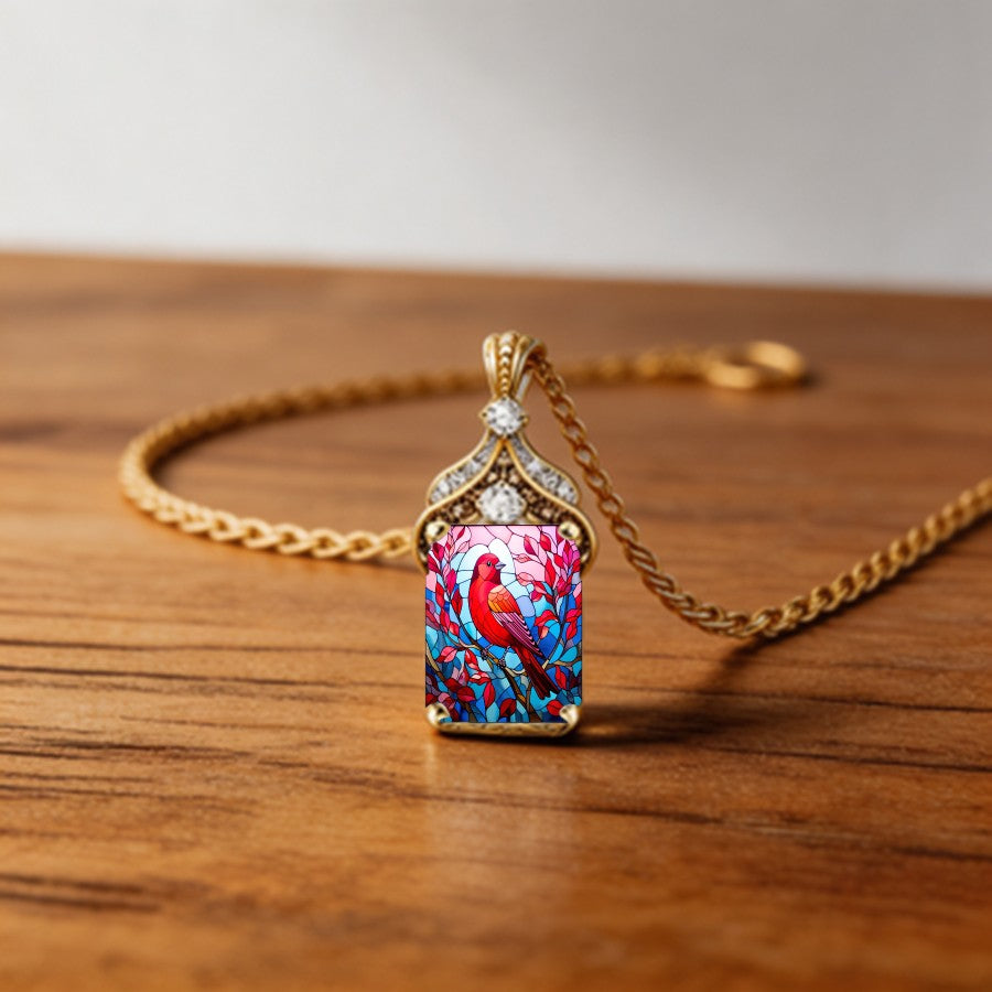 Stained Glass Red Bird Necklace
