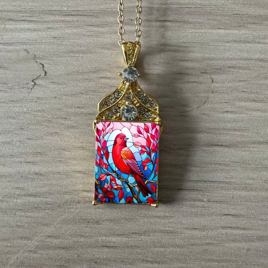 Stained Glass Red Bird Necklace