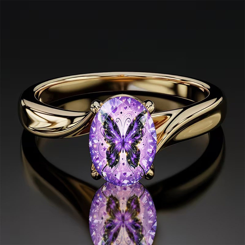 Purple Butterfly & Heart Oval Ring