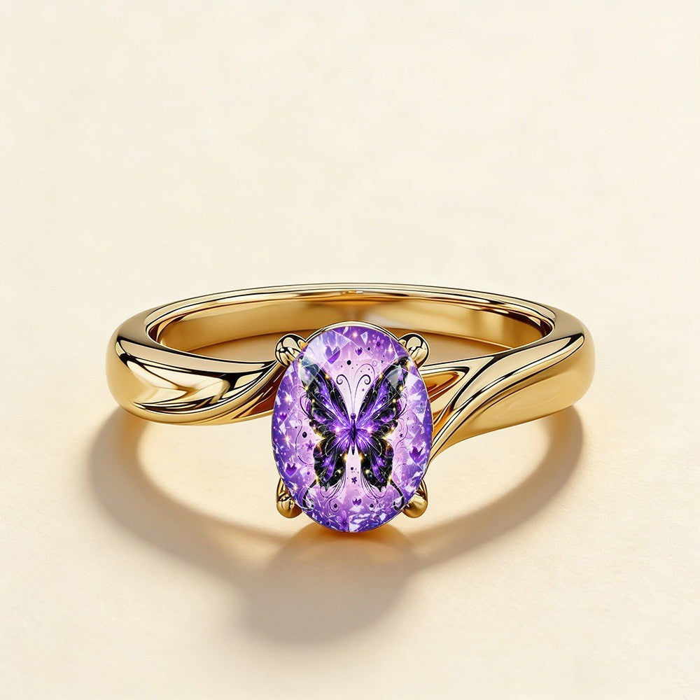 Purple Butterfly & Heart Oval Ring