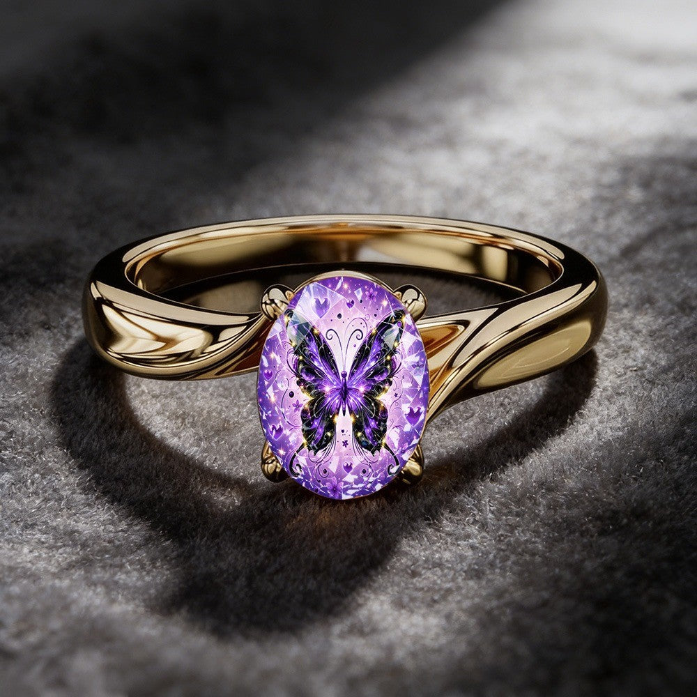 Purple Butterfly & Heart Oval Ring