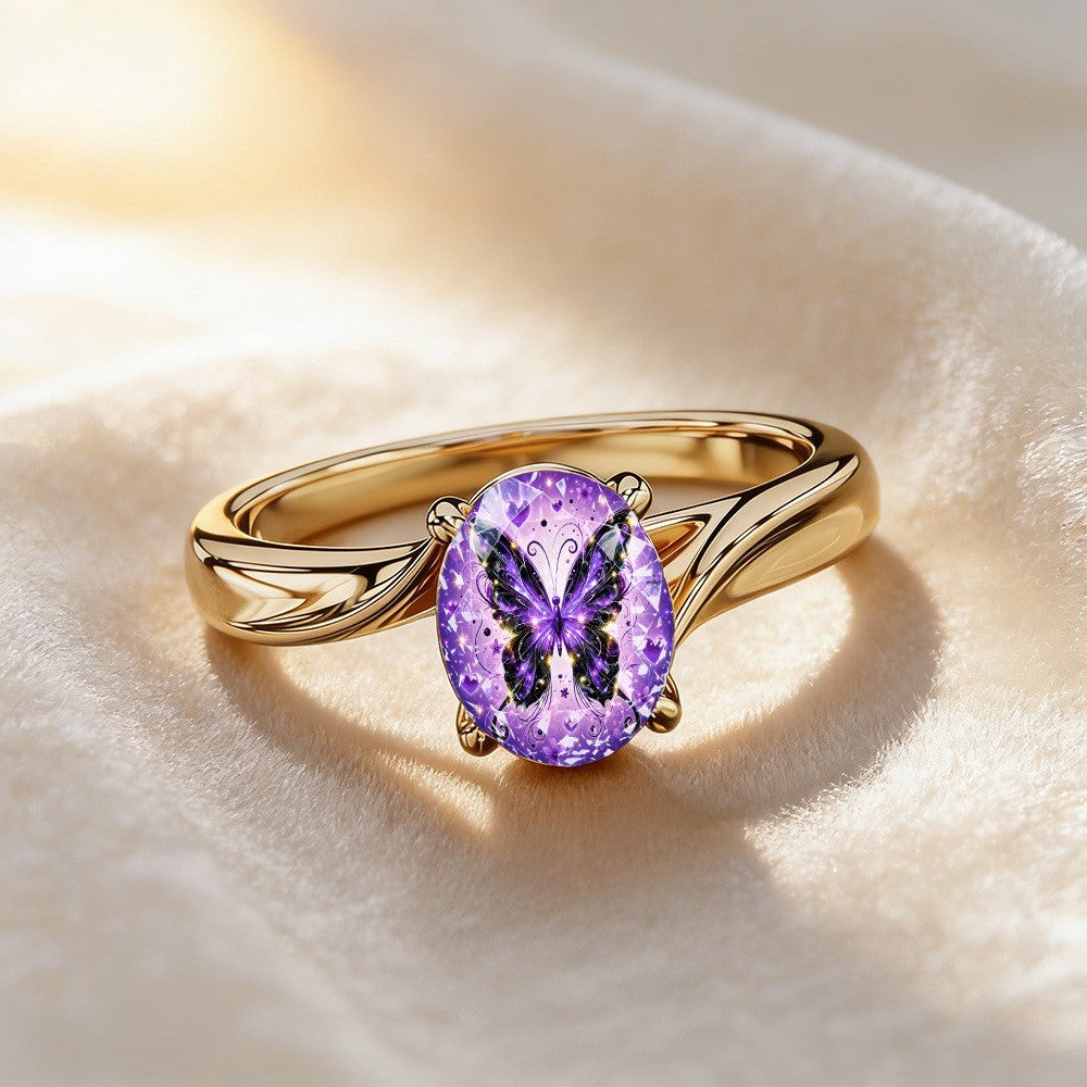 Purple Butterfly & Heart Oval Ring