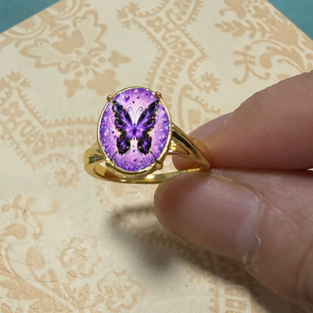 Purple Butterfly & Heart Oval Ring