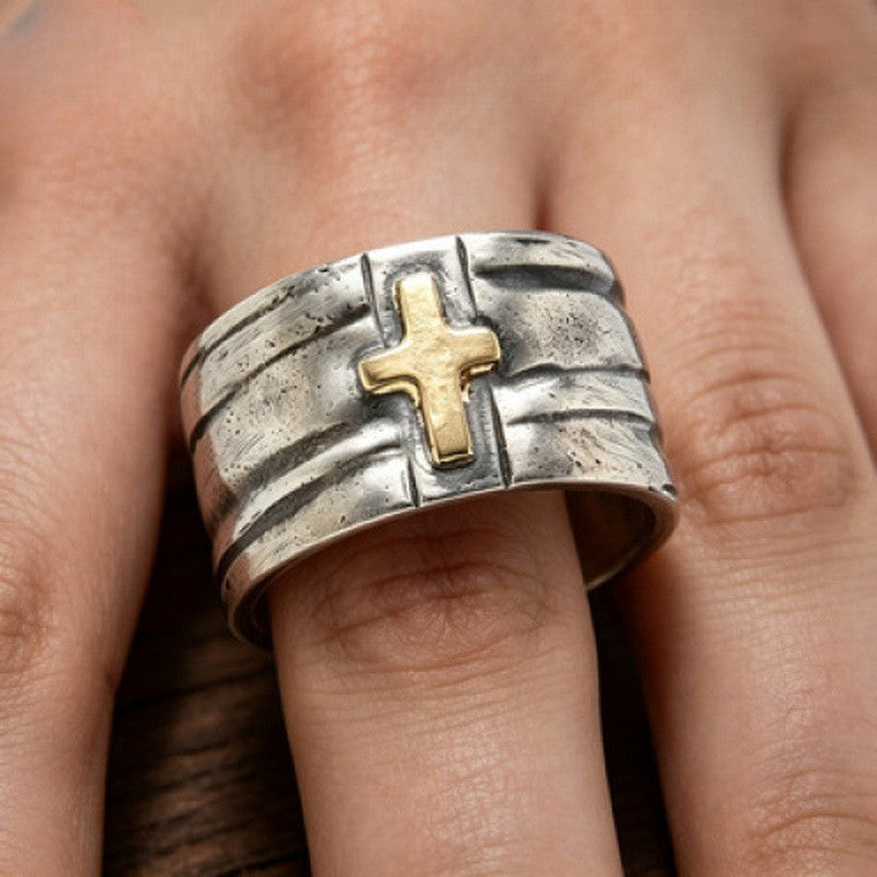 Two-Tone Cross Wide Band Ring