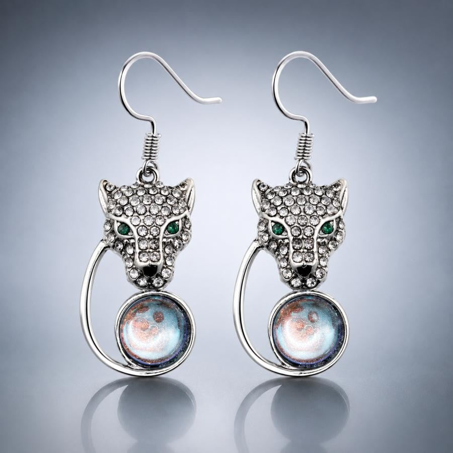 Crystal Wolf Face Drop Earrings