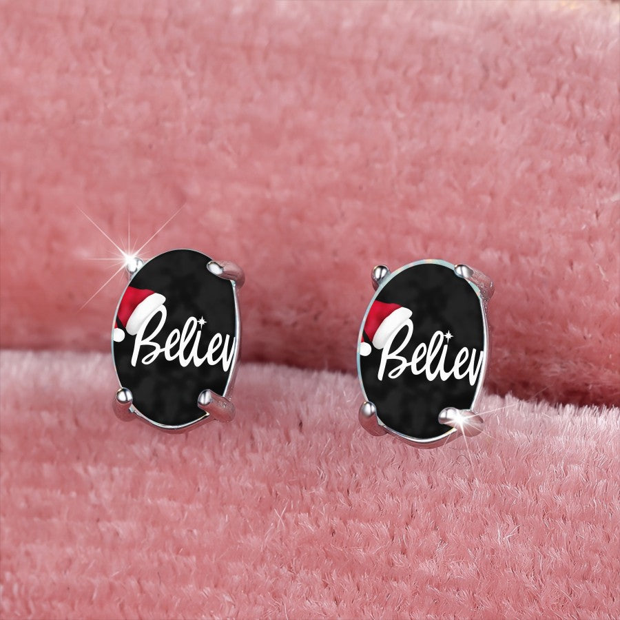 Believe Santa Hat Oval Earrings