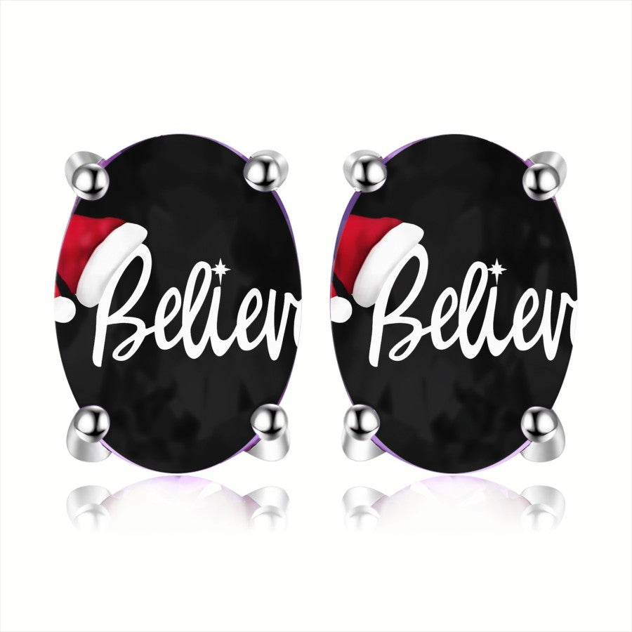 Believe Santa Hat Oval Earrings