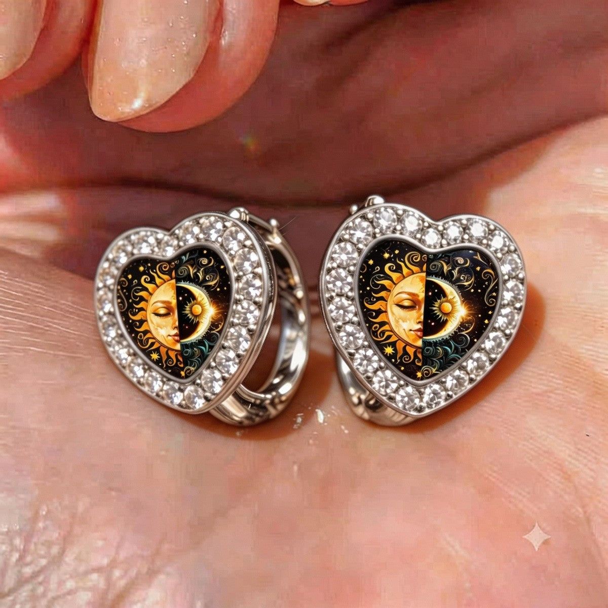 Crystal Sun & Moon Heart Hoop Earrings