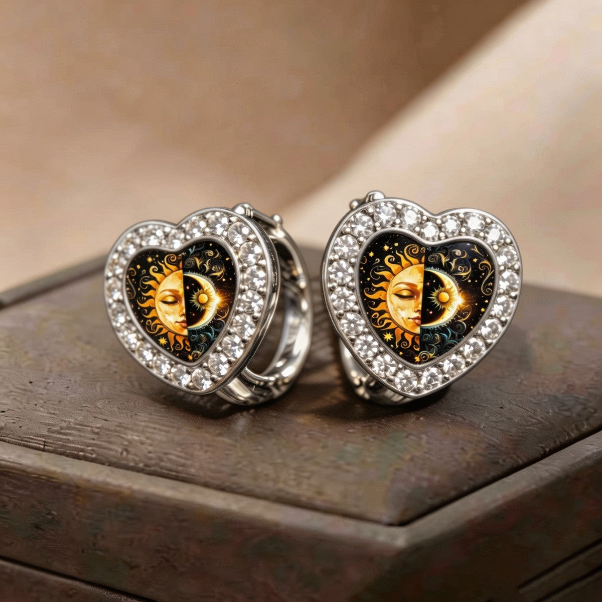 Crystal Sun & Moon Heart Hoop Earrings
