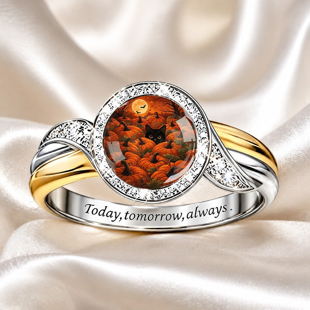 Black Cat Pumpkin Scene Ring