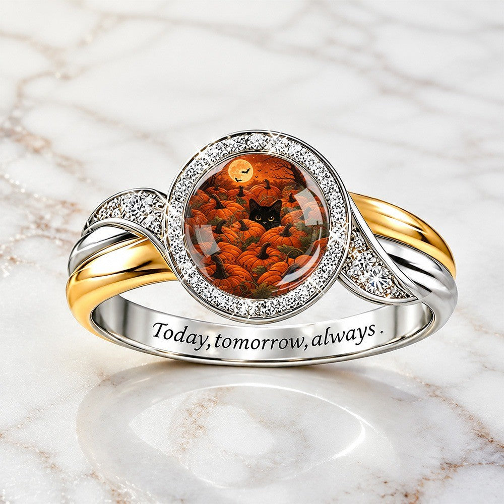 Black Cat Pumpkin Scene Ring