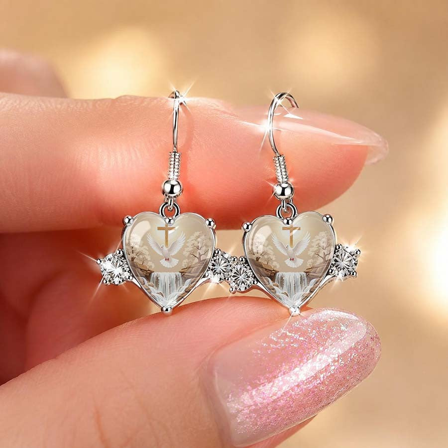 Dove & Cross Heart Drop Earrings