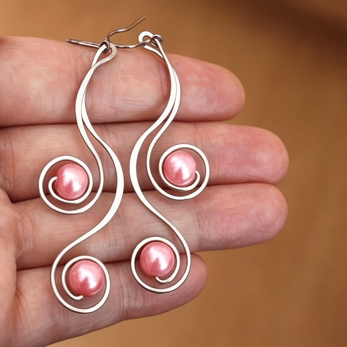 Pink Pearl Spiral Wire Earrings