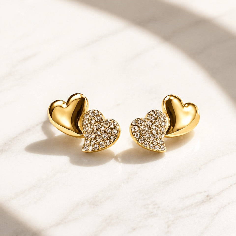 Polished & Crystal Double Heart Earrings