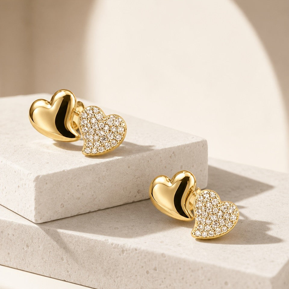 Polished & Crystal Double Heart Earrings
