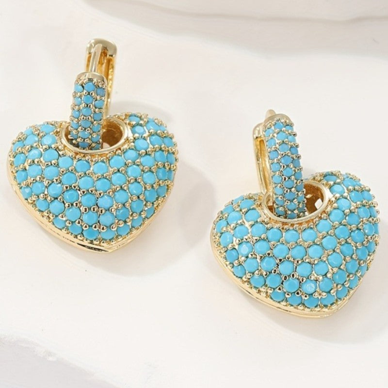 Turquoise Pave Heart Huggie Earrings