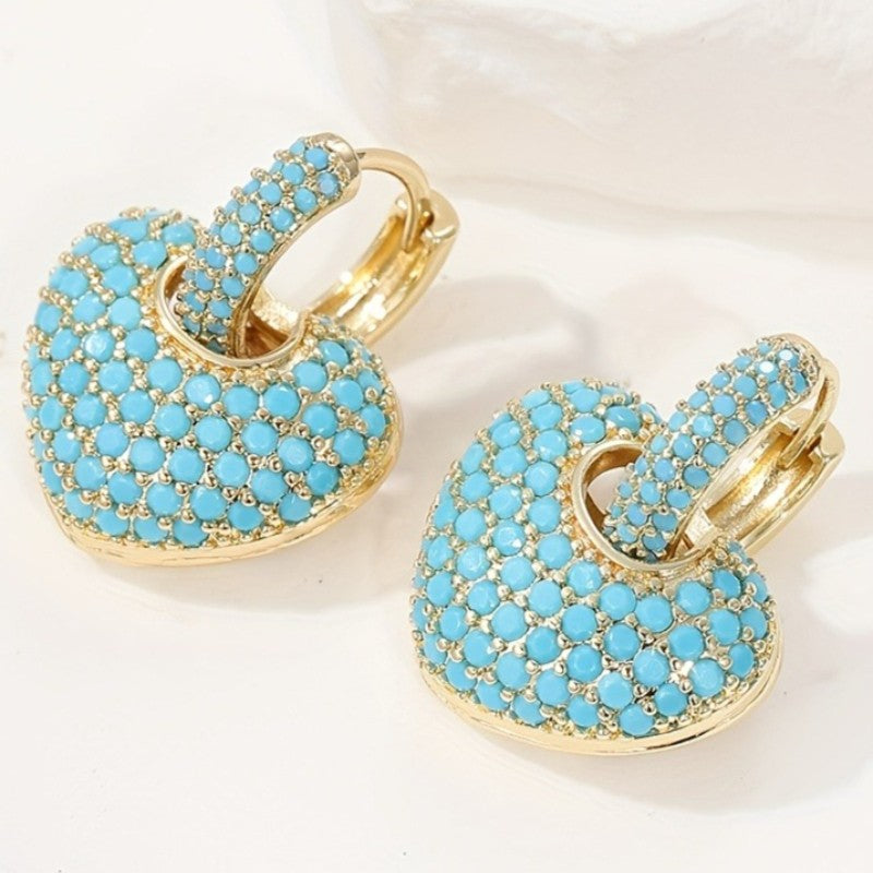 Turquoise Pave Heart Huggie Earrings