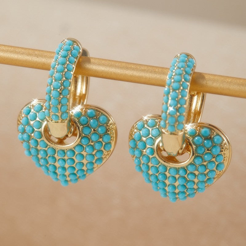 Turquoise Pave Heart Huggie Earrings