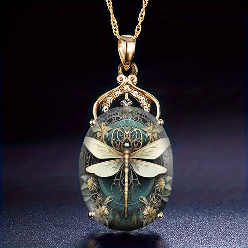 Ornate Dragonfly Glass Pendant Necklace