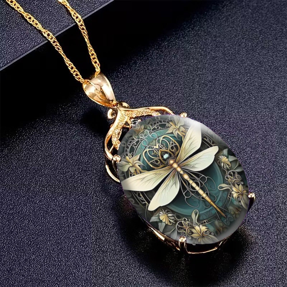 Ornate Dragonfly Glass Pendant Necklace