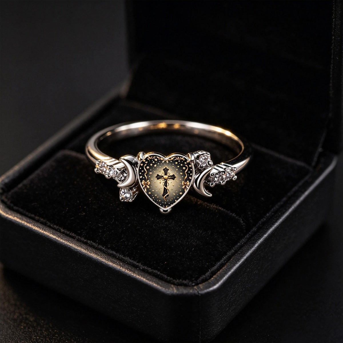 Cross Heart Crescent Ring