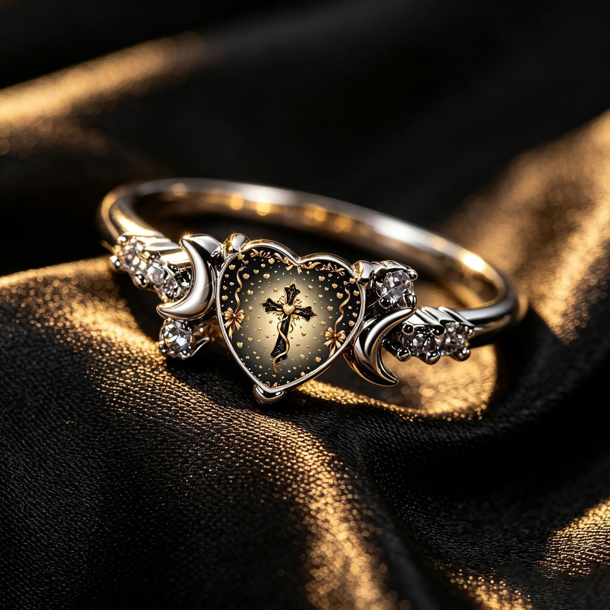 Cross Heart Crescent Ring