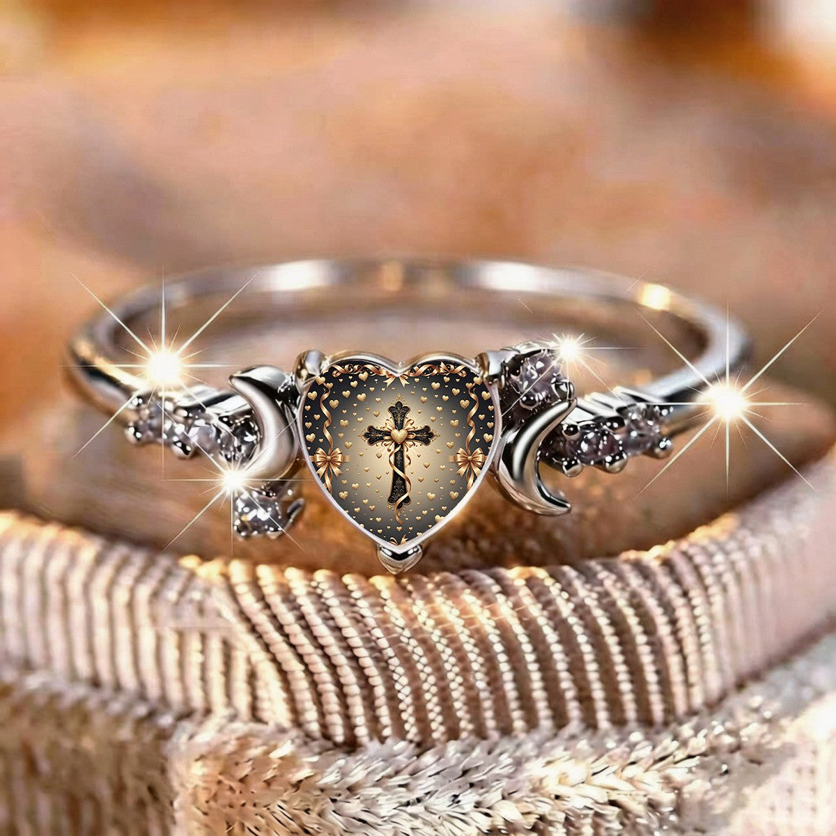Cross Heart Crescent Ring
