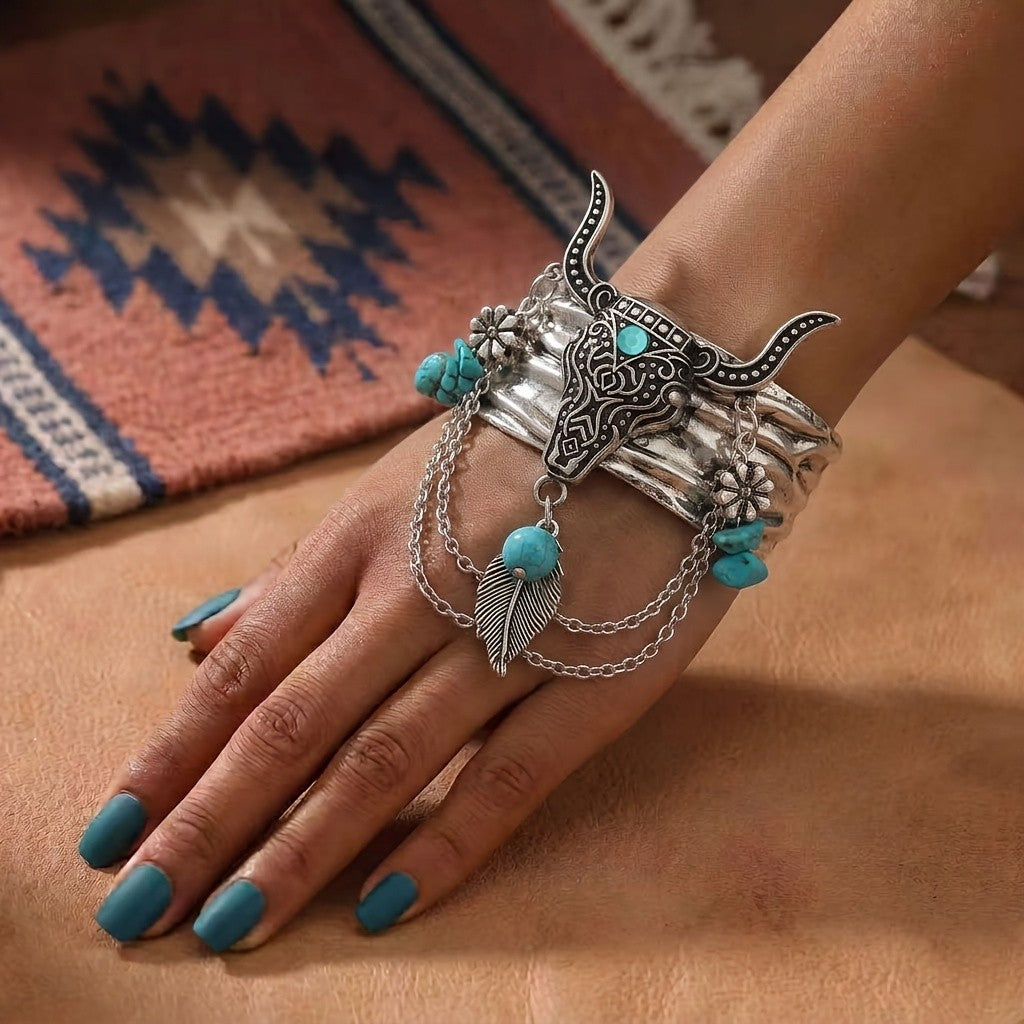 Turquoise Bull Head & Feather Chain Cuff