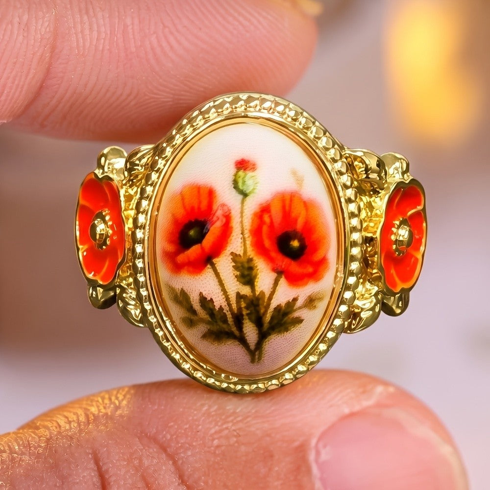 Red Poppy Oval Statement Ring