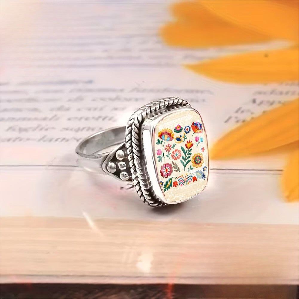 Colorful Floral Folk Art Square Ring