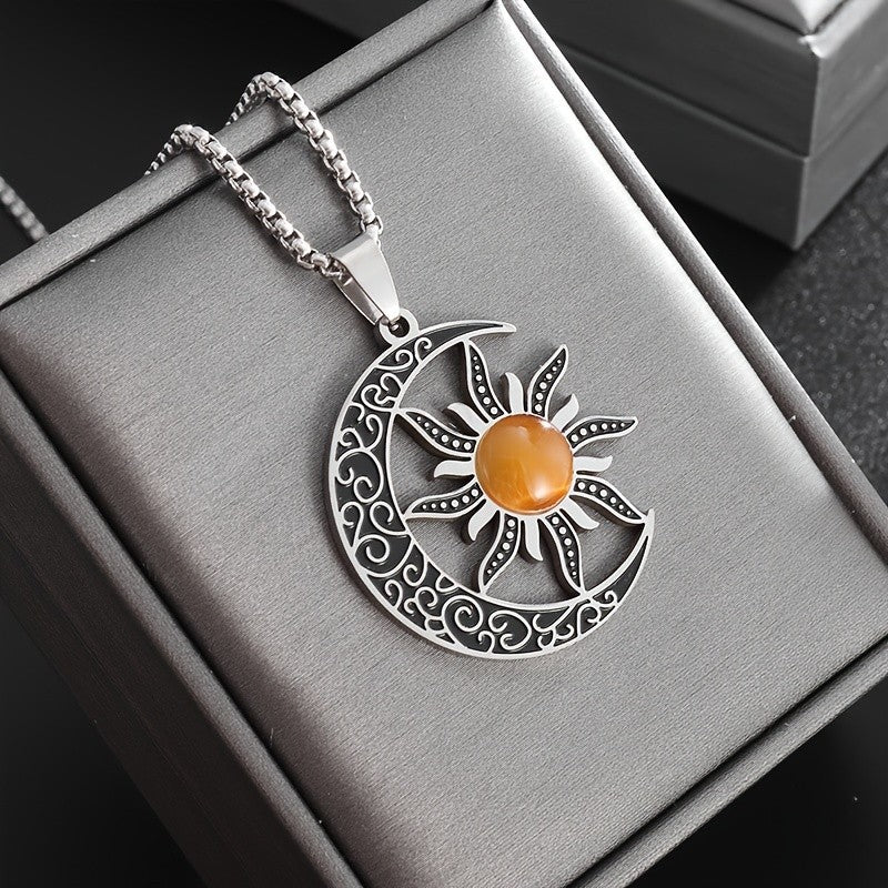 Sun & Crescent Scrollwork Pendant Necklace