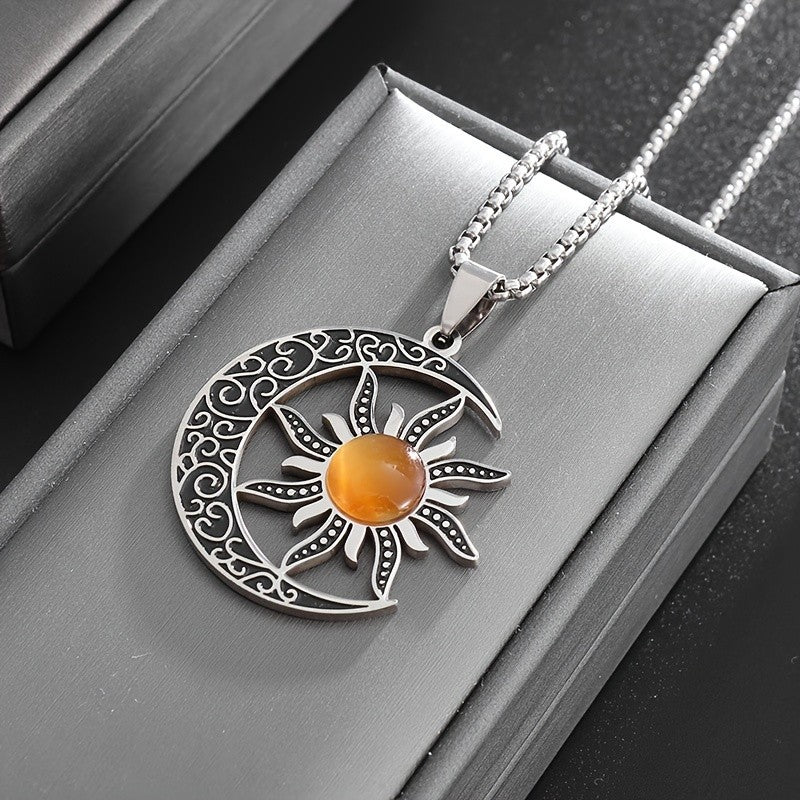 Sun & Crescent Scrollwork Pendant Necklace