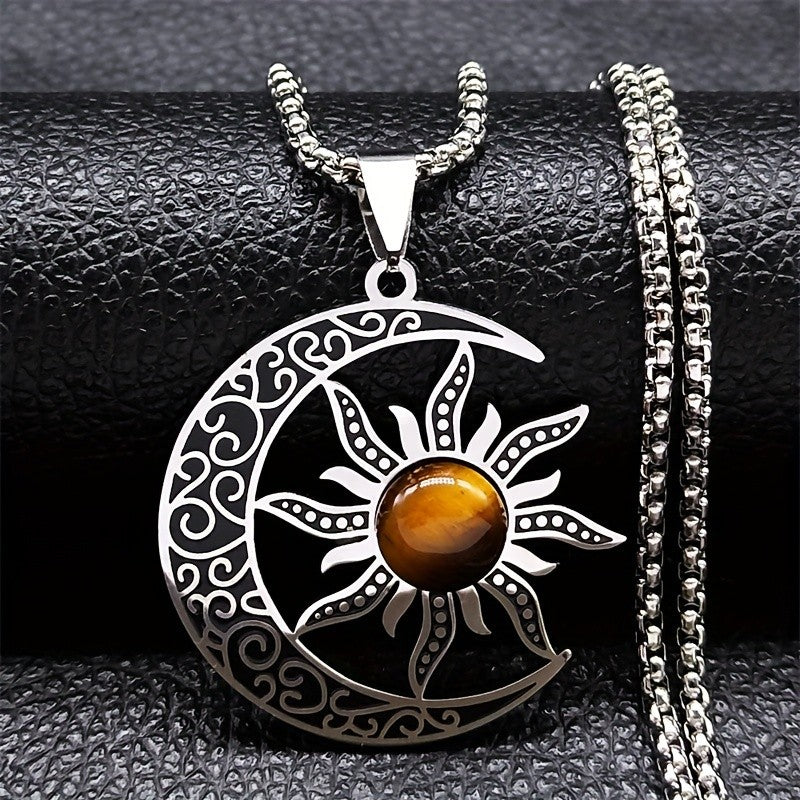 Sun & Crescent Scrollwork Pendant Necklace
