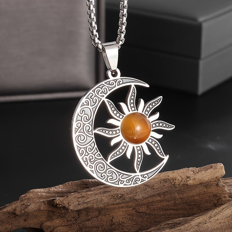 Sun & Crescent Scrollwork Pendant Necklace
