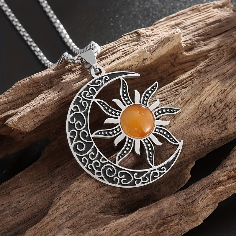 Sun & Crescent Scrollwork Pendant Necklace
