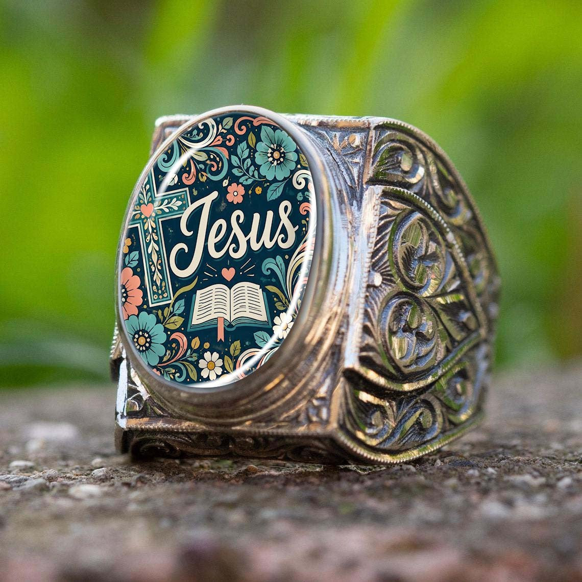 Jesus Floral Oval Ring
