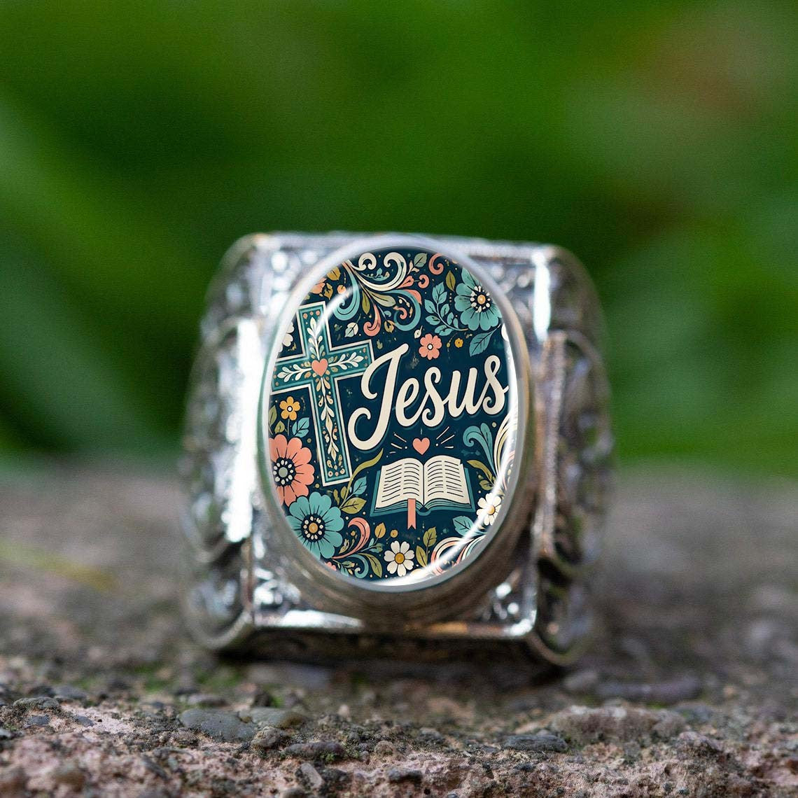 Jesus Floral Oval Ring