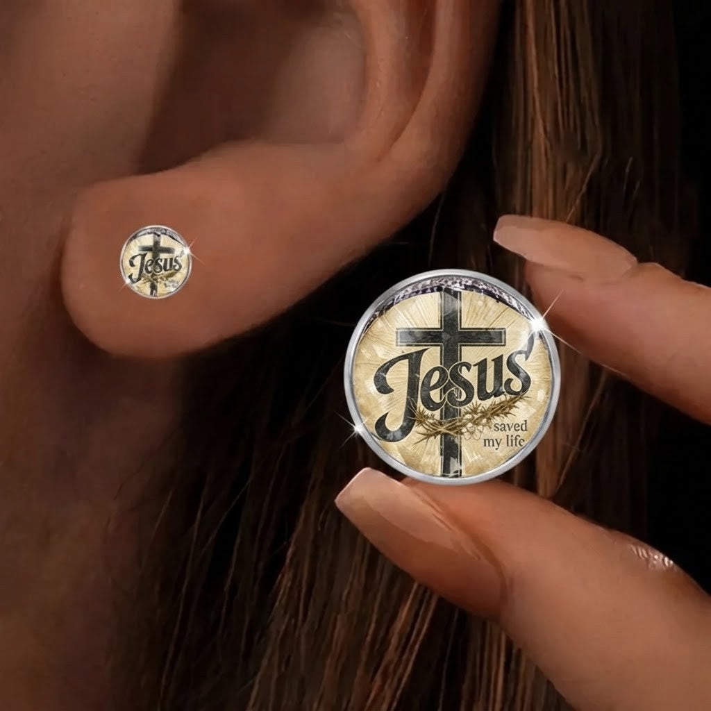 Jesus Saved My Life Cross Stud Earrings