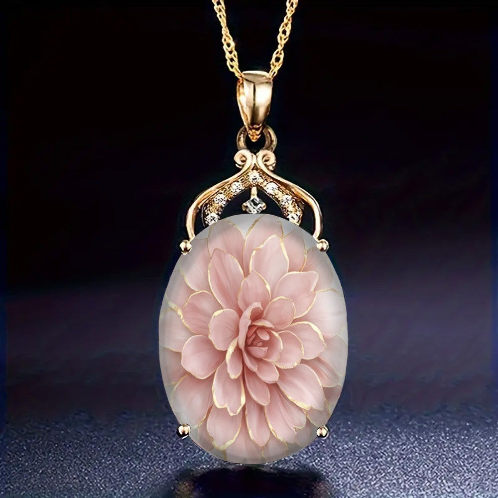 Pink Dahlia Glass Pendant Necklace
